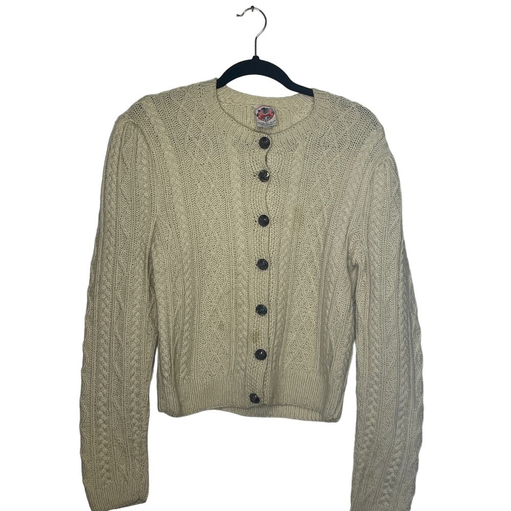 Vintage 1960’s Tyrolean Fisherman’s Cable Knit Cardigan Sweater Cream Cottage